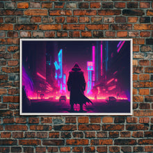 Load image into Gallery viewer, Cyberpunk City, Neon synthwave dystopian art, framed canvas print
