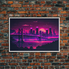 Load image into Gallery viewer, Cyberpunk San Francisco, Futuristic city skyline art, framed canvas print,  Synthwave / vaporwave cityscape decor
