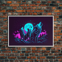 Load image into Gallery viewer, Howl at the moon - turquoise wolf pack howling at the moon, framed canvas print, vaporwave art
