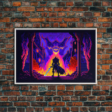 Load image into Gallery viewer, 8 bit Pixel art, RPG video game concept art, Paladin faces the Dragon, synthwave style, framed canvas print

