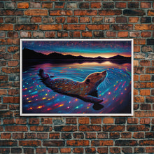 Carregar imagem no visualizador da galeria, Cute beaver swimming at midnight, vaporwave aesthetic animal print art, starry night beaver, framed canvas print
