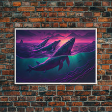 Load image into Gallery viewer, 3 Blue Whales Breaching at Sunset, vaporwave synthwave ocean art, framed canvas print
