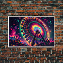 Cargar imagen en el visor de la galería, Colorful boardwalk art, neon lit night time ferris wheel, framed canvas print, framed wall art
