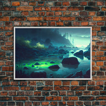 Cargar imagen en el visor de la galería, Bioluminescent glowing river, cool nature watercolor art, framed canvas print
