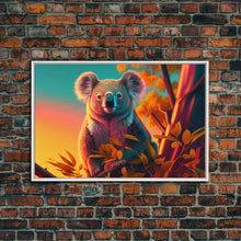 Cargar imagen en el visor de la galería, Cute Koala bear at sunset, vaporwave animal art, framed canvas print, framed wall art, ready to hang
