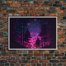Load image into Gallery viewer, Synthwave Starry Night Time Lapse in a pine tree forest, framed canvas print, timelapse art
