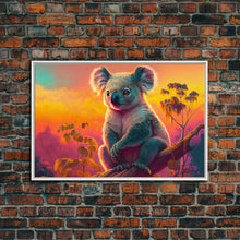 Load image into Gallery viewer, Cute Koala bear at sunset, vaporwave animal art, framed canvas print, framed wall art, ready to hang, synthwave art
