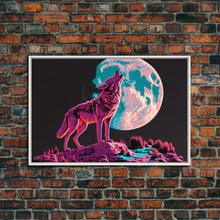 Load image into Gallery viewer, Howl at the moon, wolf art, framed canvas print, synthwave / vaporwave art
