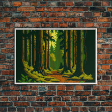 Load image into Gallery viewer, Among The Tall Trees, Beautiful forest 8 bit pixel art, framed canvas print, game room art
