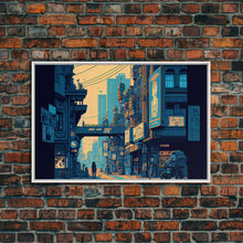 Load image into Gallery viewer, 8 bit pixel art cyber punk city, video game concept art, framed canvas print, game room art
