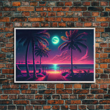 Load image into Gallery viewer, Outrun style full moon lit beach, framed canvas print, synthwave palm tree &amp; beach art
