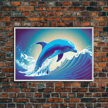 Load image into Gallery viewer, Dolphin riding a wave, cute animal prints, vaporwave animal art, framed canvas print
