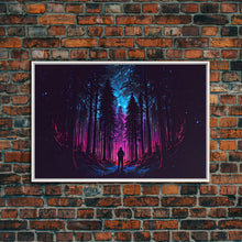 Cargar imagen en el visor de la galería, Contemplating the stars, vaporwave aesthetic, forest art, starry night, framed canvas print, outrun art
