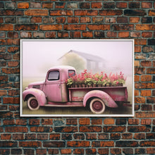 Load image into Gallery viewer, Framed Picture of old truck with beautiful flowers in bed of truck, farmhouse living, old barn, farmhouse distressed, framed canvas print
