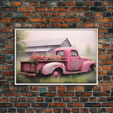 Load image into Gallery viewer, Framed Picture of old truck with beautiful flowers in bed of truck, farmhouse living, old barn, farmhouse distressed, framed canvas print
