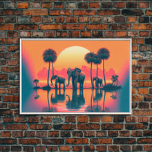 Load image into Gallery viewer, Sun beading down on a family of Elephants, framed canvas print
