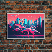 Load image into Gallery viewer, Pink Flamingos, Vaporwave aesthetic style art, framed canvas print, framed wall art
