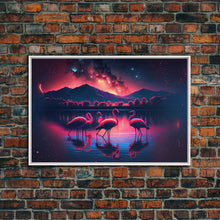 Load image into Gallery viewer, Pink Flamingos against a starry night sky, synthwave vibes, framed canvas print, framed art
