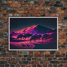 Load image into Gallery viewer, Emus in the desert, animal prints, animal art, framed canvas print, vapor wave synthwave animal art
