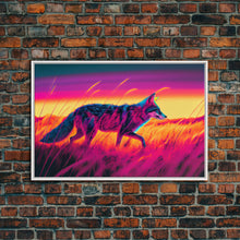 Load image into Gallery viewer, Cute fox in the tall grass, animal print, vaporwave framed canvas print, retrowave animal art
