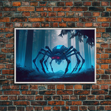 Load image into Gallery viewer, Cyborg Spider, Scifi Fantasy horror art, robot spider on the hunt, framed canvas print
