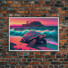 Load image into Gallery viewer, Sea turtle fighting the waves, framed canvas art, synthwave, vaporwave, animal prints

