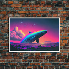 Load image into Gallery viewer, Humpback whale breaching a rainbow, vaporwave art, synthwave animal print, framed canvas print

