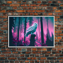 Load image into Gallery viewer, White owl in synthwave forest, vaporwave style animal print art, framed canvas print
