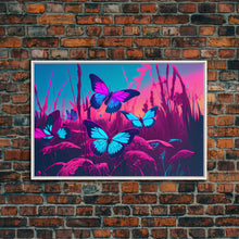 Load image into Gallery viewer, Beautiful butterfly art, vaporwave aesthetic pastel art, framed canvas print, synthwave art
