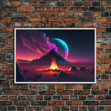 Load image into Gallery viewer, Campfire under a Full Moon, Framed canvas print, retro synthwave / outrun style primitive home decor
