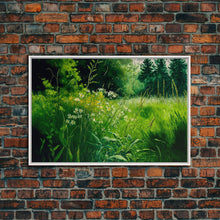 Load image into Gallery viewer, Beautiful field of wildflowers, Emerald green watercolor, framed canvas print, living room wall decor
