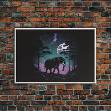 Load image into Gallery viewer, Synthwave Elephant Art | Framed Canvas Print | Framed Wall Art | Animal Prints | Wildlife Art | Elephant Walks Under A Full Moon
