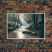 Cargar imagen en el visor de la galería, Colorful Watercolor Art, Framed Canvas Print, unique wall art, framed wall art, Landscape watercolor, Beams of Sunlight piercing the canopy
