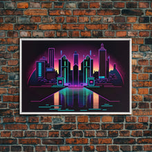 Cargar imagen en el visor de la galería, Retro Style Synthwave Wireframe City, Outrun Style, Framed Canvas Print, 80s Vibes Art
