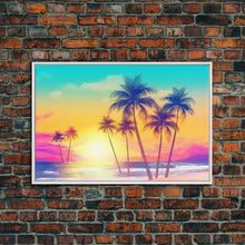 Load image into Gallery viewer, Colorful sunset Wall art, Framed Canvas Print, Synthwave Style, Guest room art, Pop Art Style, Watercolors, Beautiful art, Tropical Art
