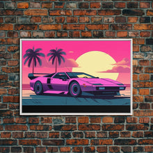 Cargar imagen en el visor de la galería, Classic sport car Wall Art, Framed Canvas Print, Guest room art, Beautiful sunset, Synthwave Style, Pink Colors, Pop Art Style, Tropical art
