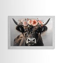 Load image into Gallery viewer, Framed Canvas Wall Art, Cute Cow Wearing Flowers, Farmhouse Decor, Farmhouse Wall At, Extra Large Boho Decor, Modern Art, Minimalist Rustic
