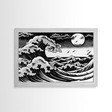 Carregar imagem no visualizador da galeria, Black and White Wave Canvas Print, Hokusai Inspired Wall Art, Woodblock Print Style, Wall Art, Vintage Style Wall Art
