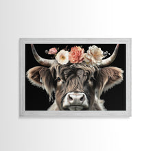 Carregar imagem no visualizador da galeria, Framed Highland Cow With Flowers Painting canvas print Farmhouse art Cattle Wooden background Country wall art Cow print Rustic Wall Art
