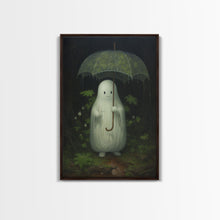 Carregar imagem no visualizador da galeria, Ghost Holding an Umbrella In The Rain, Vintage Halloween Canvas Print, Framed Canvas, Halloween Wall Art, Dark Academia, Spooky Haunted
