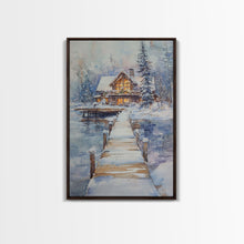 Cargar imagen en el visor de la galería, Christmas At The Lake, Framed Canvas Print, Wood Frame Lake House Decor, Winter Lakehouse Art
