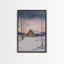 Load image into Gallery viewer, Barn In The Winter, Framed Canvas Print, Winter Landscape Print, Rustic Christmas Art, Primitive Decor
