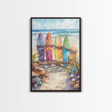 Cargar imagen en el visor de la galería, Christmas Surfboards On A Snowy Beach, Framed Canvas Print, Tropical / Nautical Christmas Art or Gift Idea, Christmas Poster
