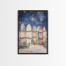 Cargar imagen en el visor de la galería, Christmas Surfboards On A Snowy Beach, Framed Canvas Print, Tropical / Nautical Christmas Art or Gift Idea, Christmas Poster
