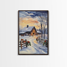Cargar imagen en el visor de la galería, Christmas On The Farm, Winter Wall Art Framed Canvas Print, Gift Idea, Seasonal Decor, Barn Painting, Farmhouse Art
