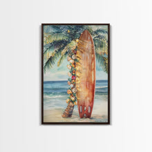 Cargar imagen en el visor de la galería, Surfboard Art Framed Canvas Print, Tropical Christmas Decor, Xmas Art, Christmas 2024 Gift Idea For Her
