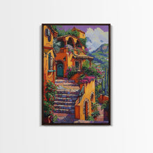 Carregar imagem no visualizador da galeria, Framed Canvas Print Tall Art Mexican Style Scenic Steps Lined With Colorful Flowers And Architecture
