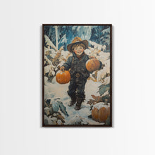 Load image into Gallery viewer, Cowboy Christmas Decor Framed Canvas Print with Pumpkin in Snow, Rustic Holiday Home Wall Art and Seasonal Gift Idea 2024
