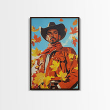 Load image into Gallery viewer, Autumn Cowboy Holiday Decor Framed Canvas Print with Leaves, Colorful Seasonal Wall Art Gift Idea 2024
