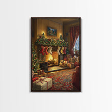 Load image into Gallery viewer, Cozy Christmas Mantle Decor Framed Canvas Print With Stockings Hanging And Presents By The Fire, Seasonal Holiday Wall Art Farmhouse Style
